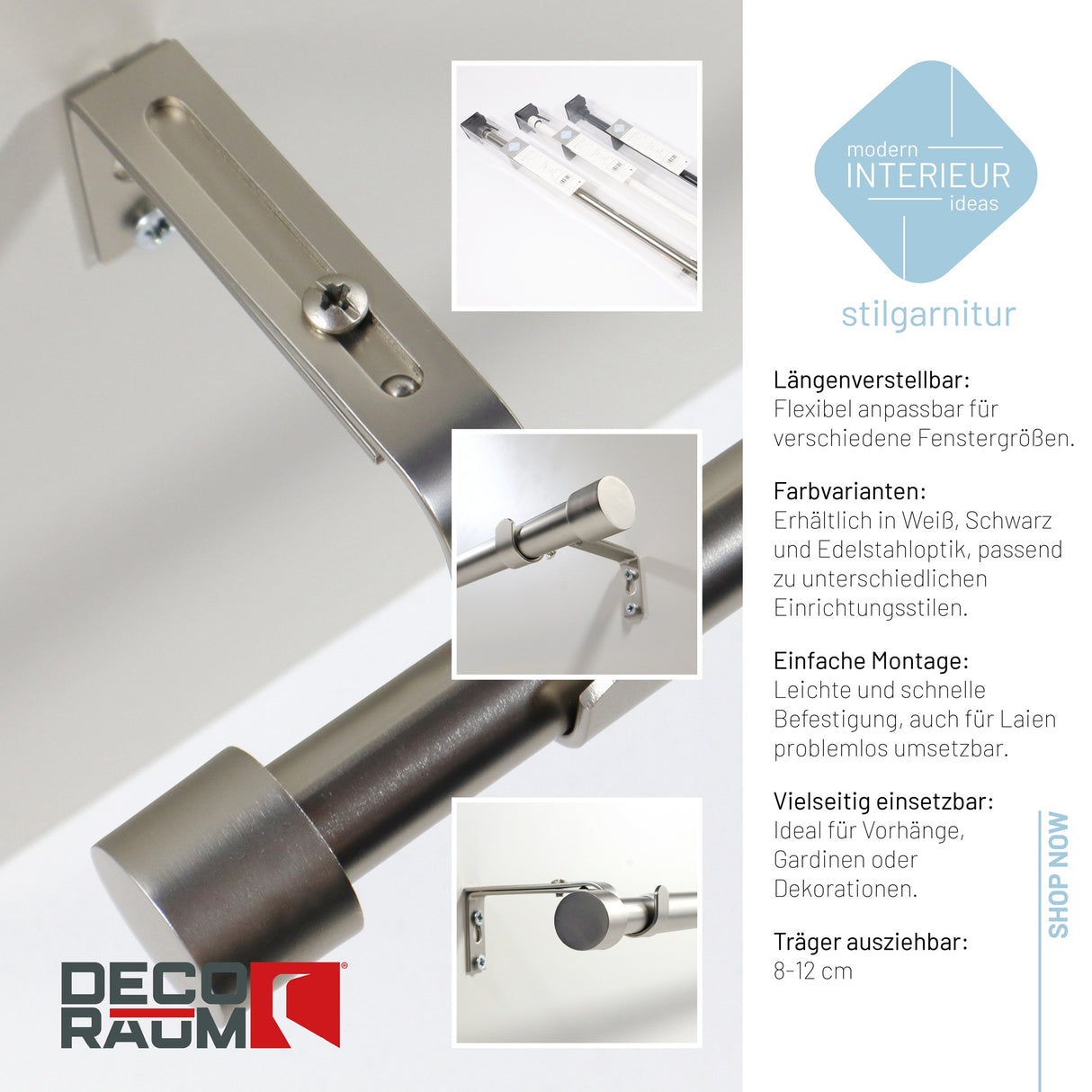 Gardinenstange ausziehbar Flexa Edelstahl-optik Endstück Kappe 16/19mm