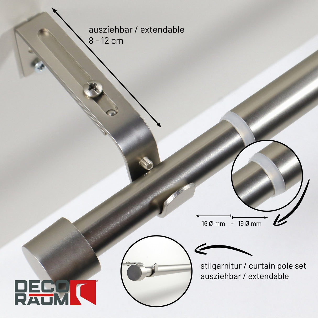 Gardinenstange ausziehbar Flexa Edelstahl-optik Endstück Kappe 16/19mm