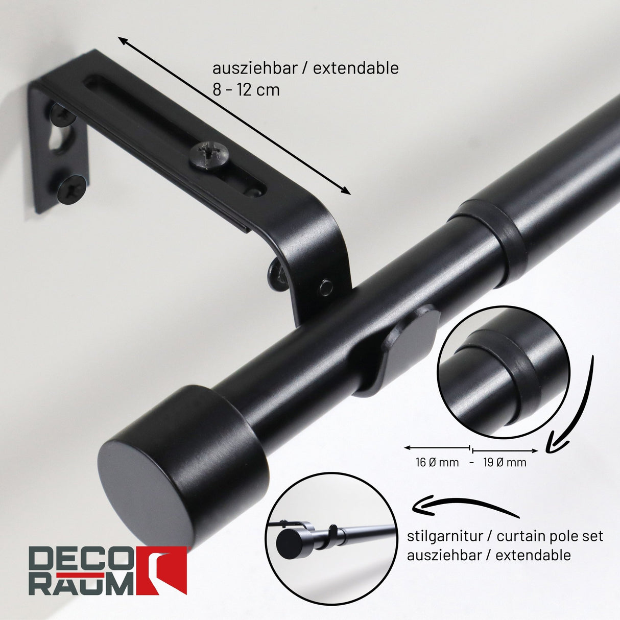 Gardinenstange ausziehbar Flexa Schwarz-matt Endstück Kappe 16/19mm