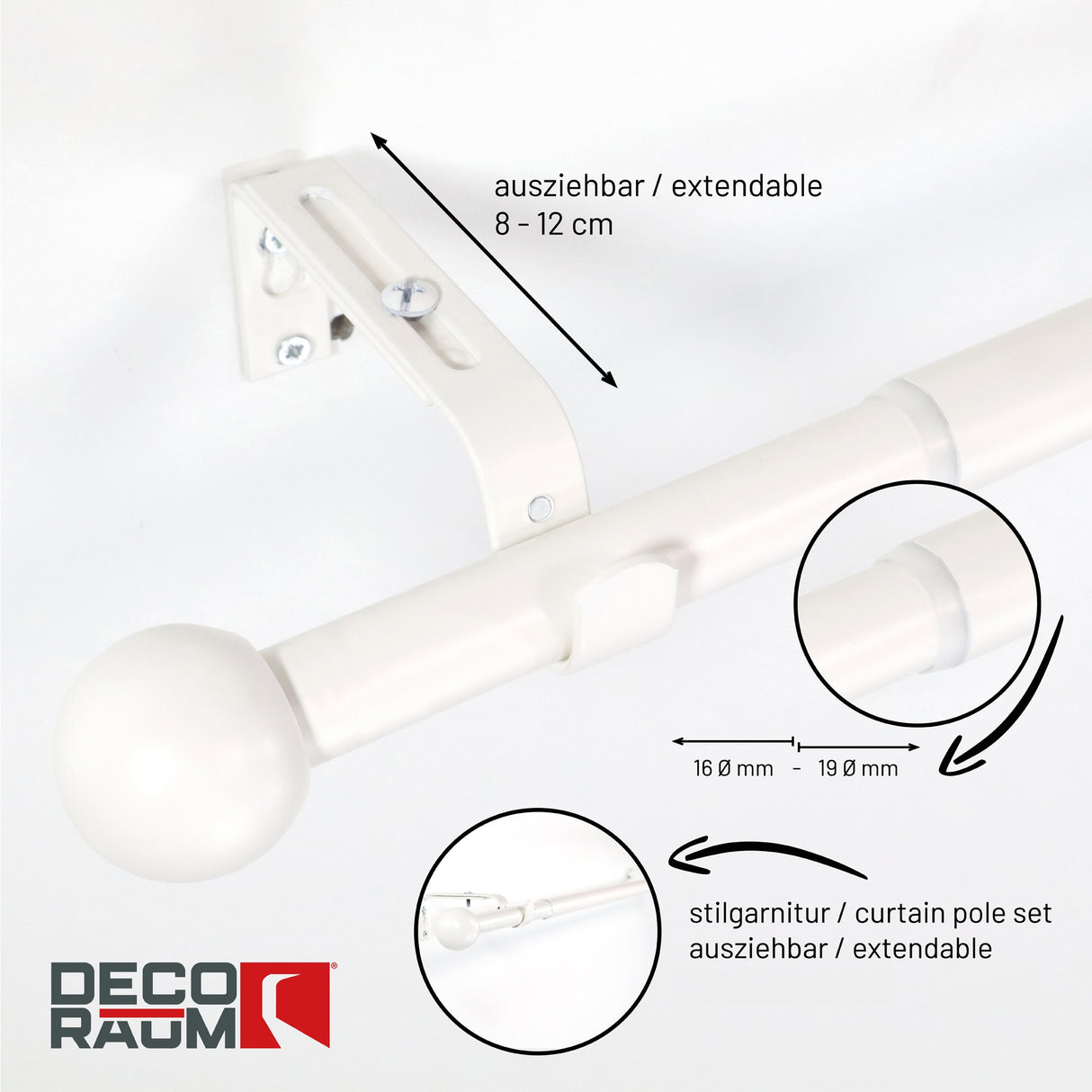 Curtain rod extendable Flexa stainless steel look end piece cap 16/19mm