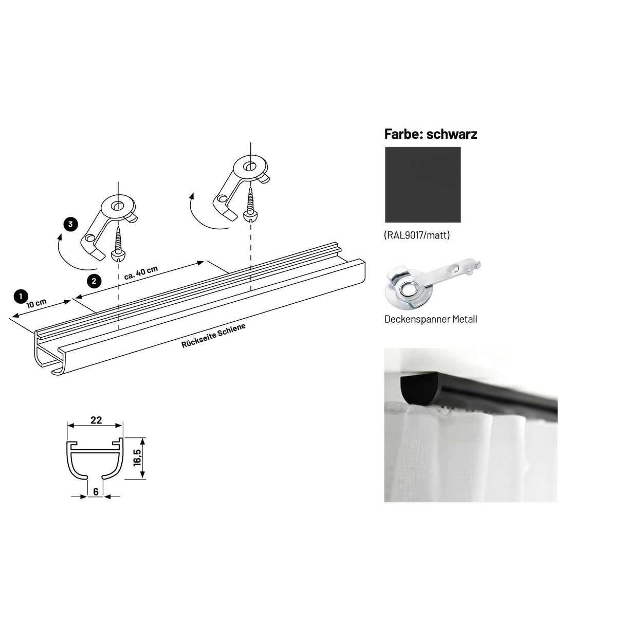 Gardinenschiene Innenlauf Round Schwarz