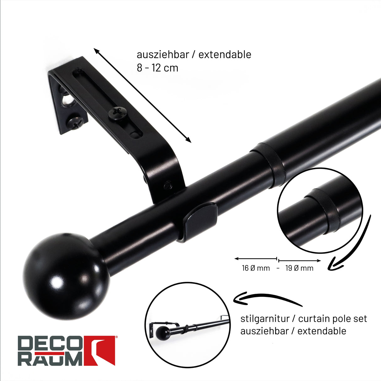 Curtain rod extendable Flexa black matt end piece cap 16/19mm