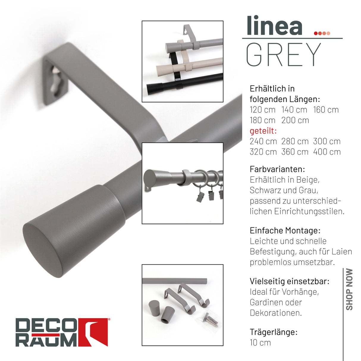 Gardinenstange 19mm 1-läufig Grau mit Kegel Komplett-Set- Serie Liya