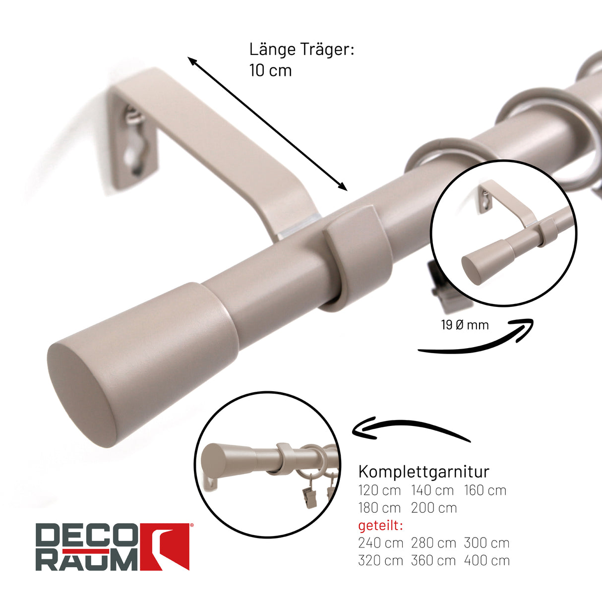 Gardinenstange 19mm 1-läufig Sand mit Kegel Komplett-Set- Serie Liya