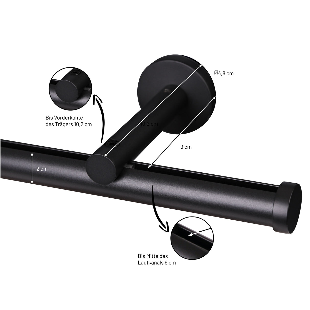 Detail Übersicht Gardinenstange Innenlauf Modern 20mm Schwarz mit Kappe - Deco-Raum®