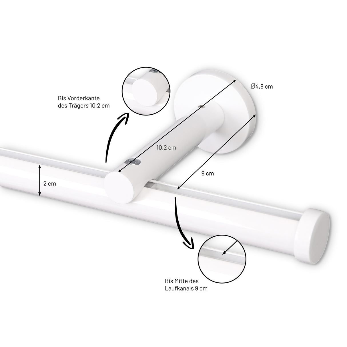 Gardinenstange Innenlauf Modern 20mm Weiß mit Kappe