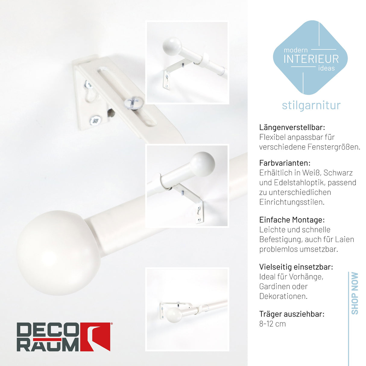 Curtain rod extendable Flexa stainless steel look end piece cap 16/19mm