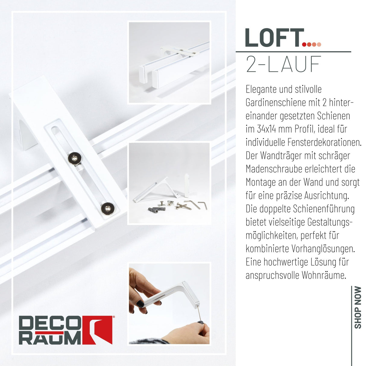 2-lauf Gardinenschiene Innenlauf Weiß Loft