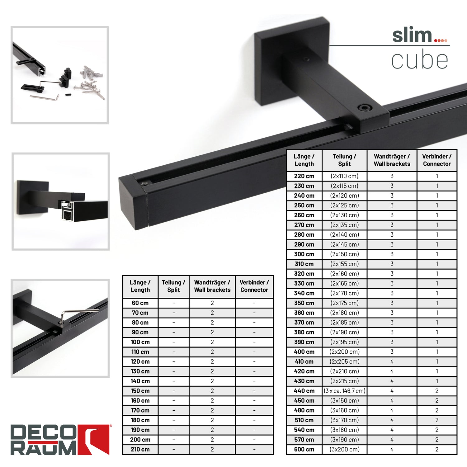 Gardinenschiene Innenlauf auf Maß 1-läufig Schwarz - Serie Cube