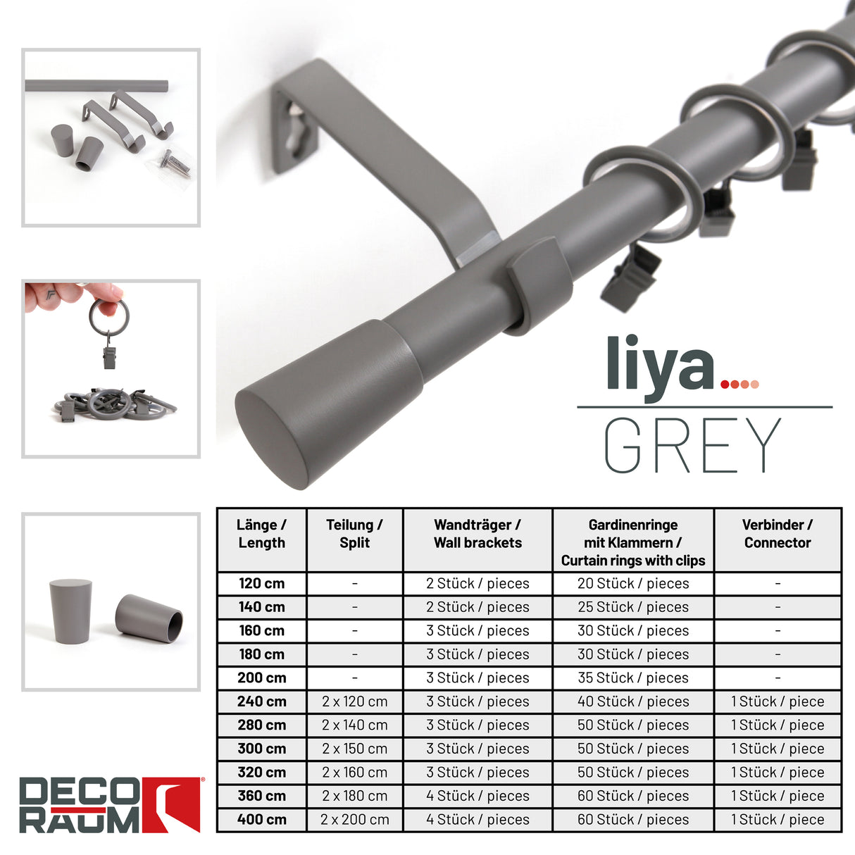 Gardinenstange 19mm 1-läufig Grau mit Kegel Komplett-Set- Serie Liya