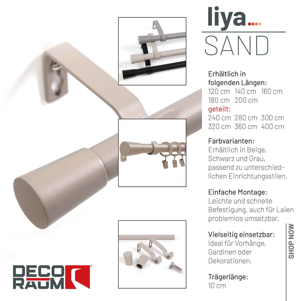 Gardinenstange 19mm 1-läufig Sand mit Kegel Komplett-Set- Serie Liya