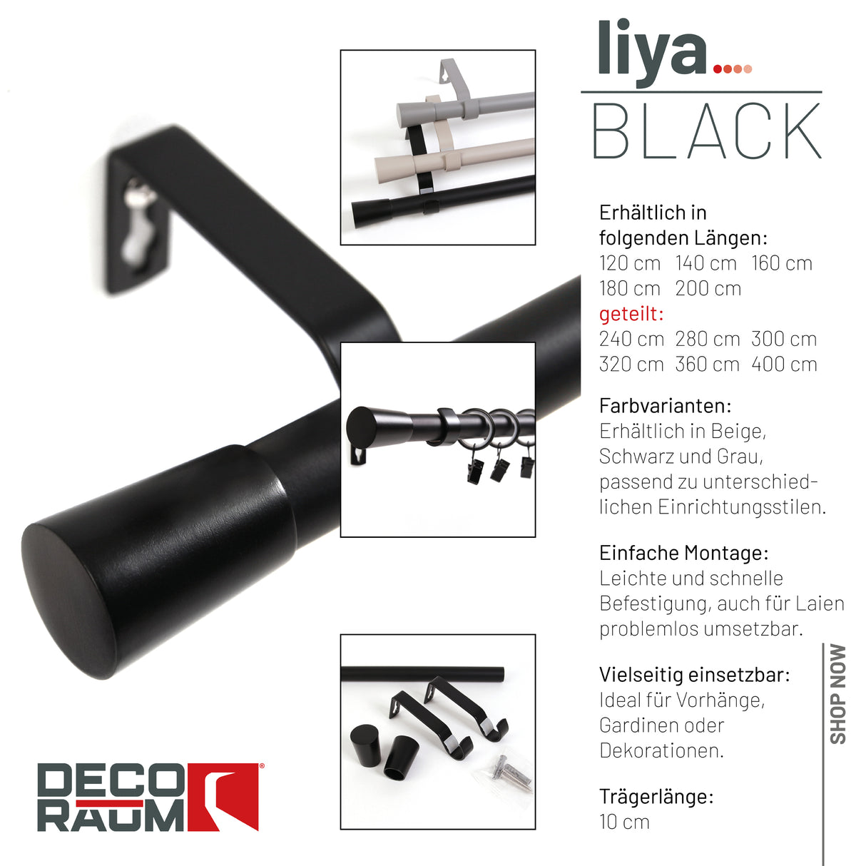 Gardinenstange 19mm 1-läufig Schwarz mit Kegel Komplett-Set- Serie Liya