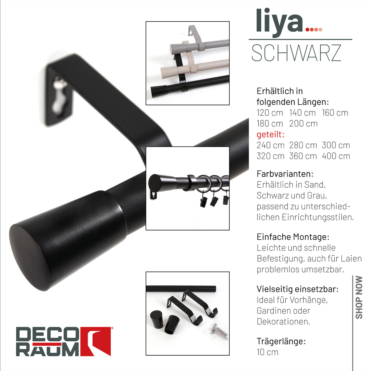 Curtain rod 19mm 1-track black with cone complete set - Liya series