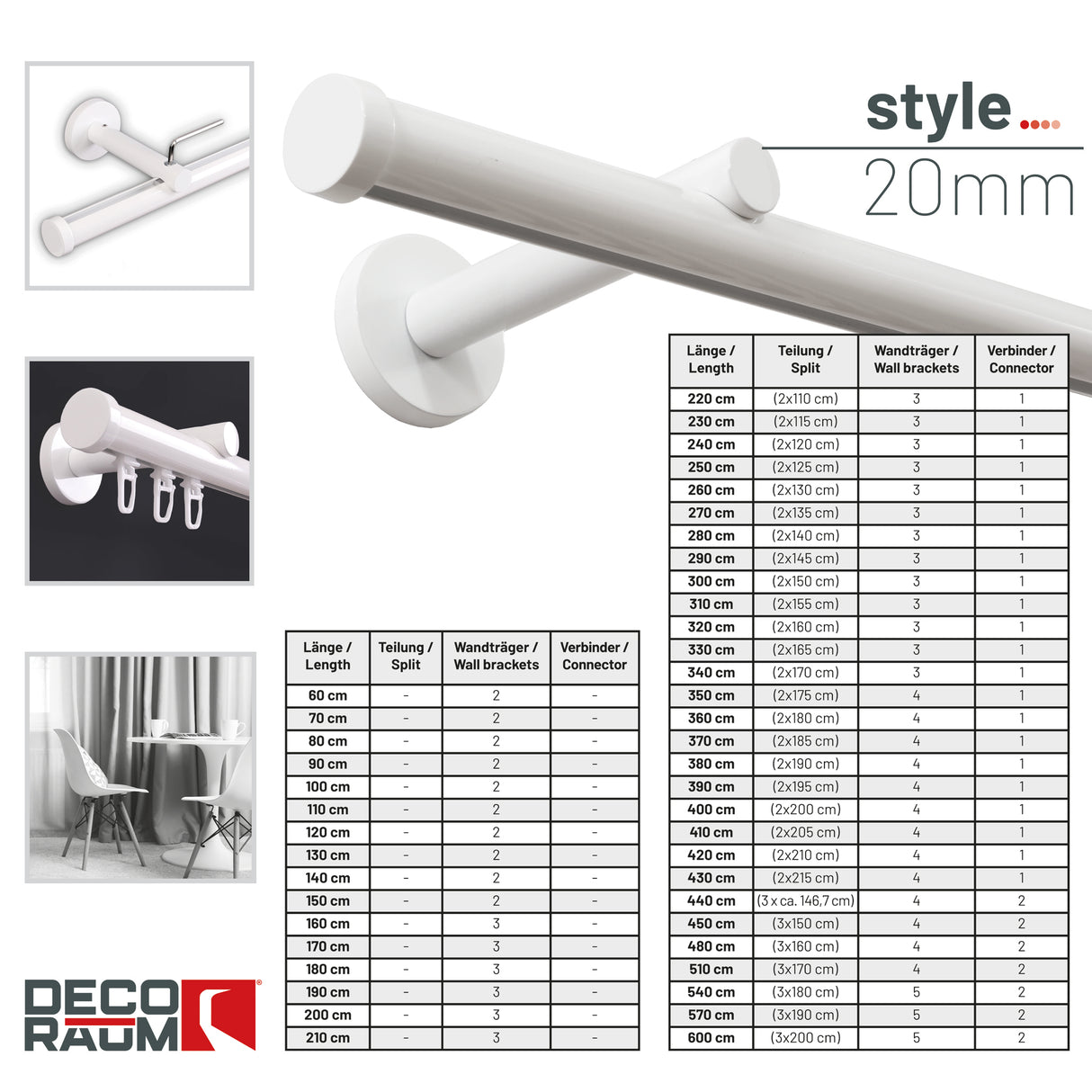 Gardinenstange Innenlauf Modern 20mm Weiß mit Kappe