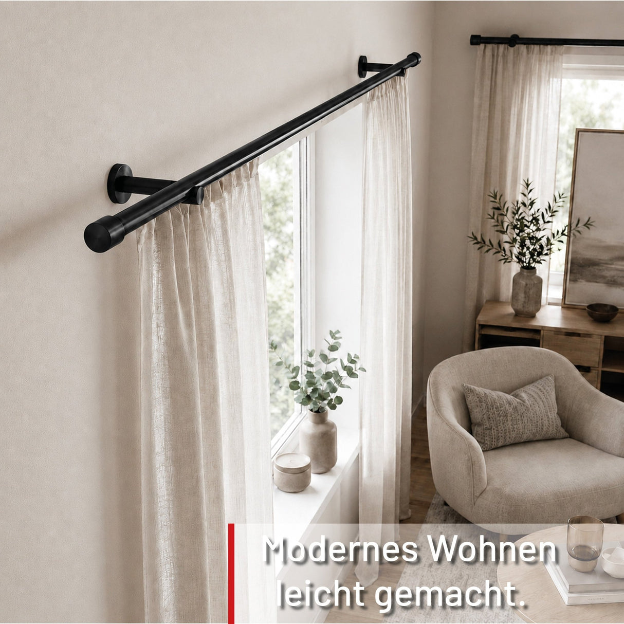 Custom-made curtain rod 25mm 1-track black matt with cap - Style series