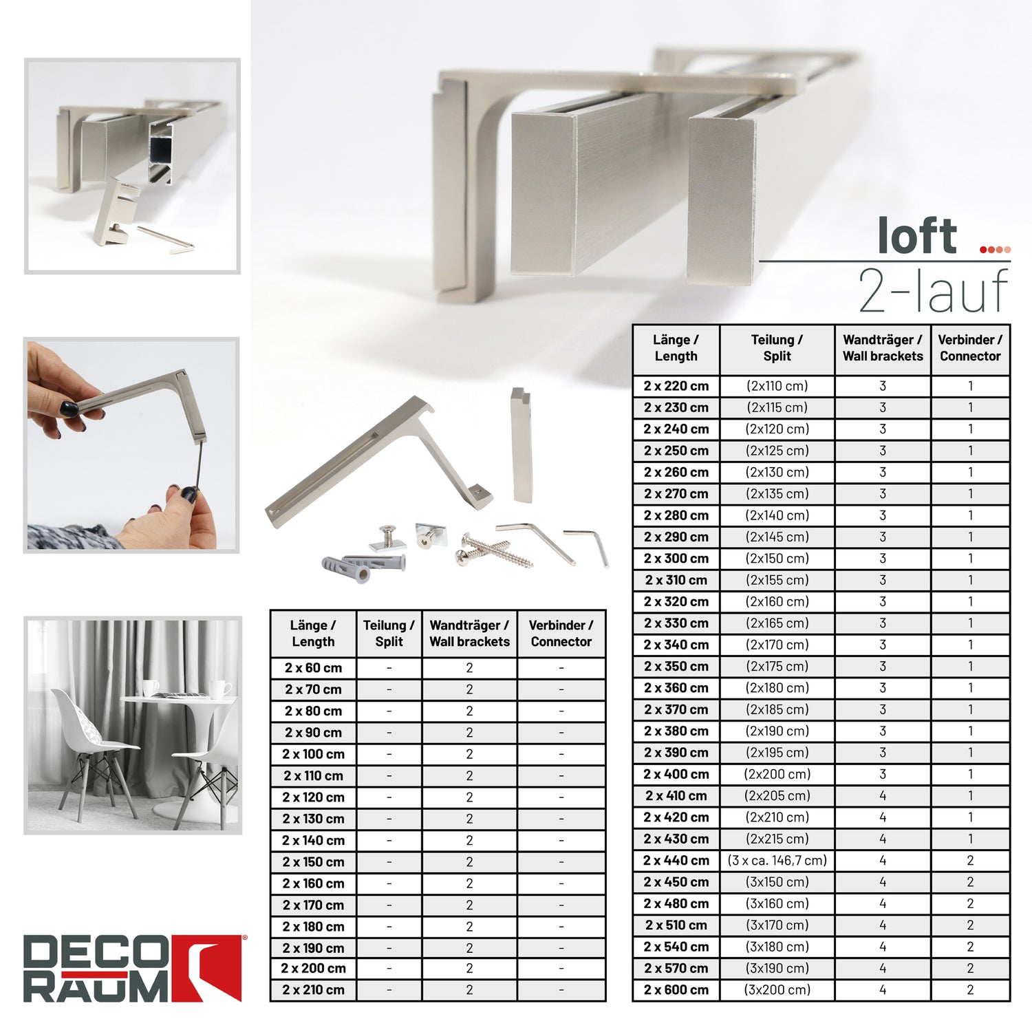 2-lauf Gardinenschiene Innenlauf Loft Edelstahl-optik