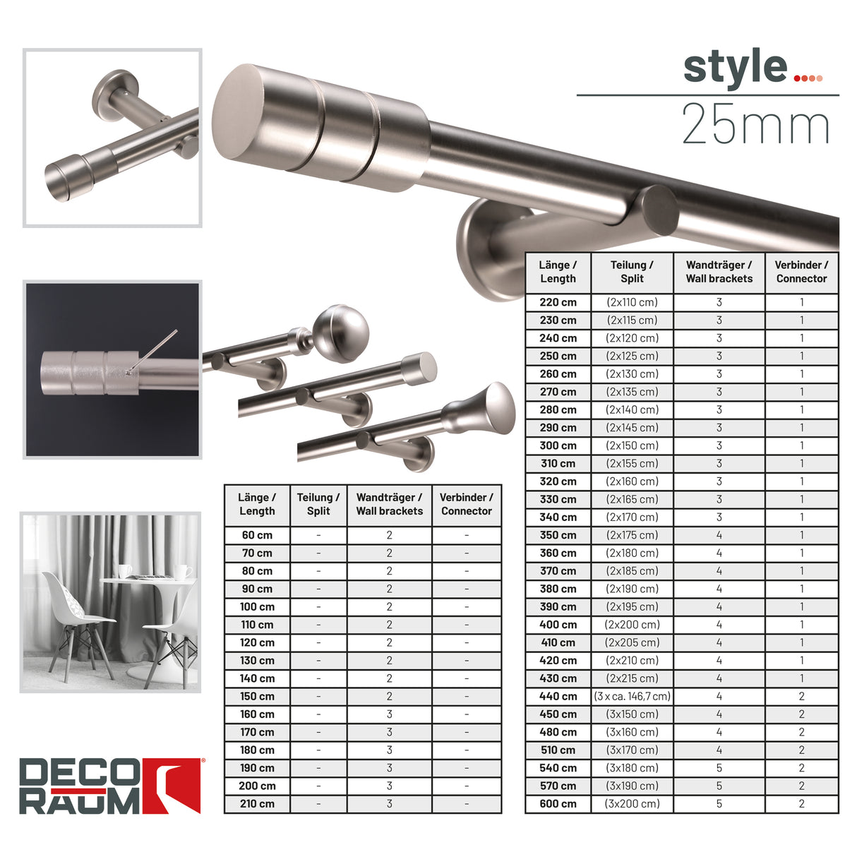 Gardinenstange auf Maß 25mm 1-läufig Edelstahl-optik mit Zylinder - Serie Style