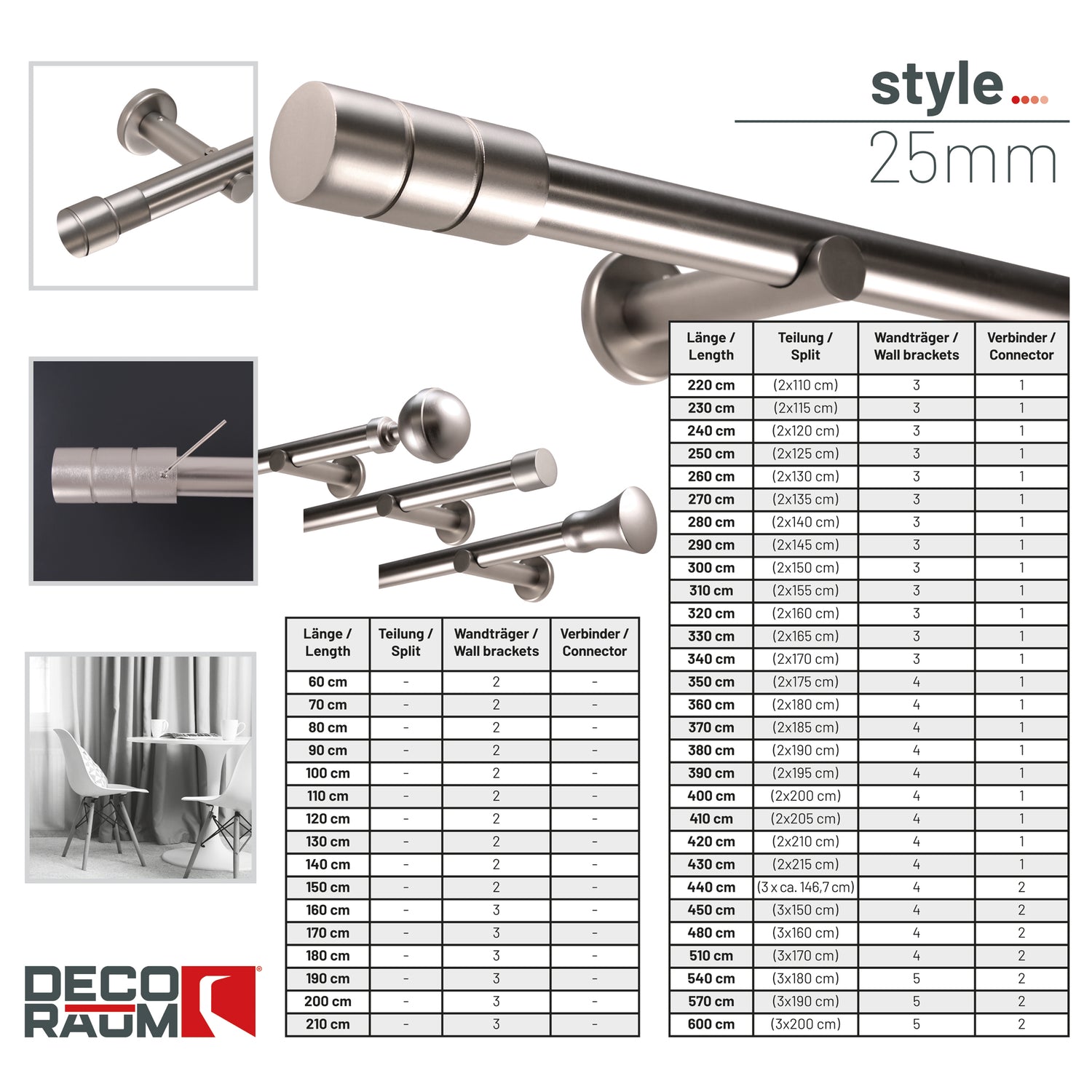 Gardinenstange auf Maß 25mm 1-läufig Edelstahl-optik mit Zylinder - Serie Style