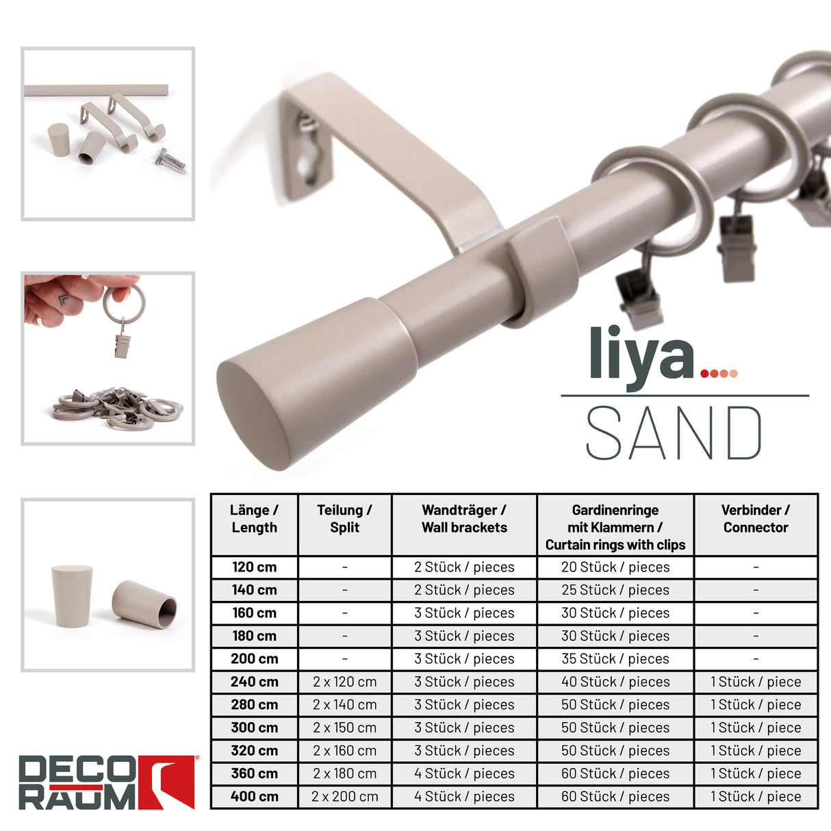 Gardinenstange 19mm 1-läufig Sand mit Kegel Komplett-Set- Serie Liya