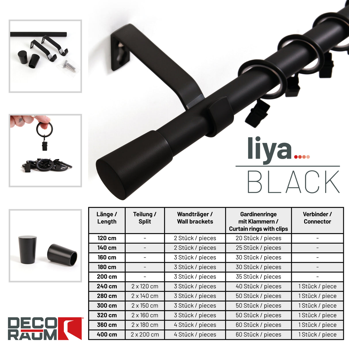 Gardinenstange 19mm 1-läufig Schwarz mit Kegel Komplett-Set- Serie Liya