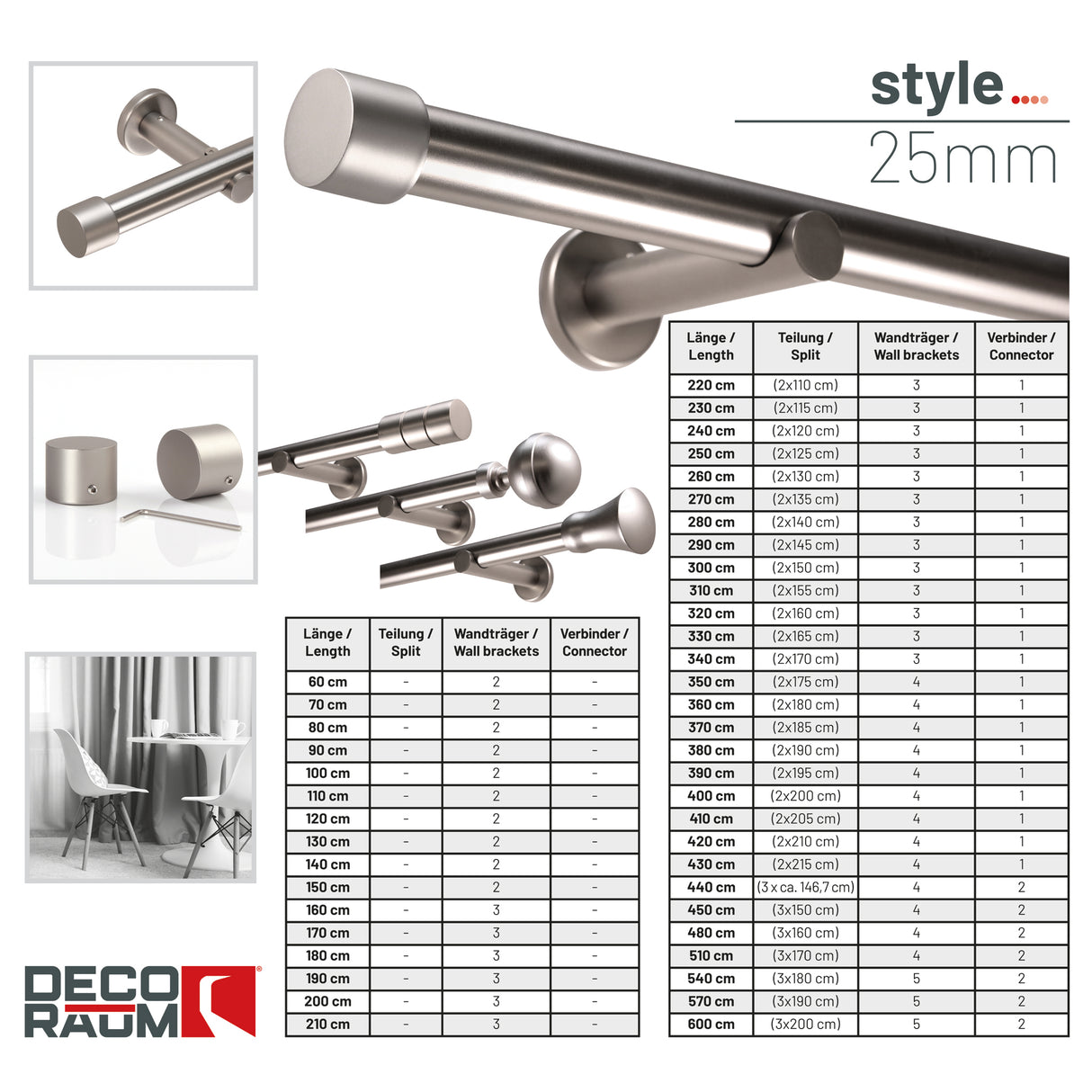 Style tringle à rideau en aspect inox embout 25mm