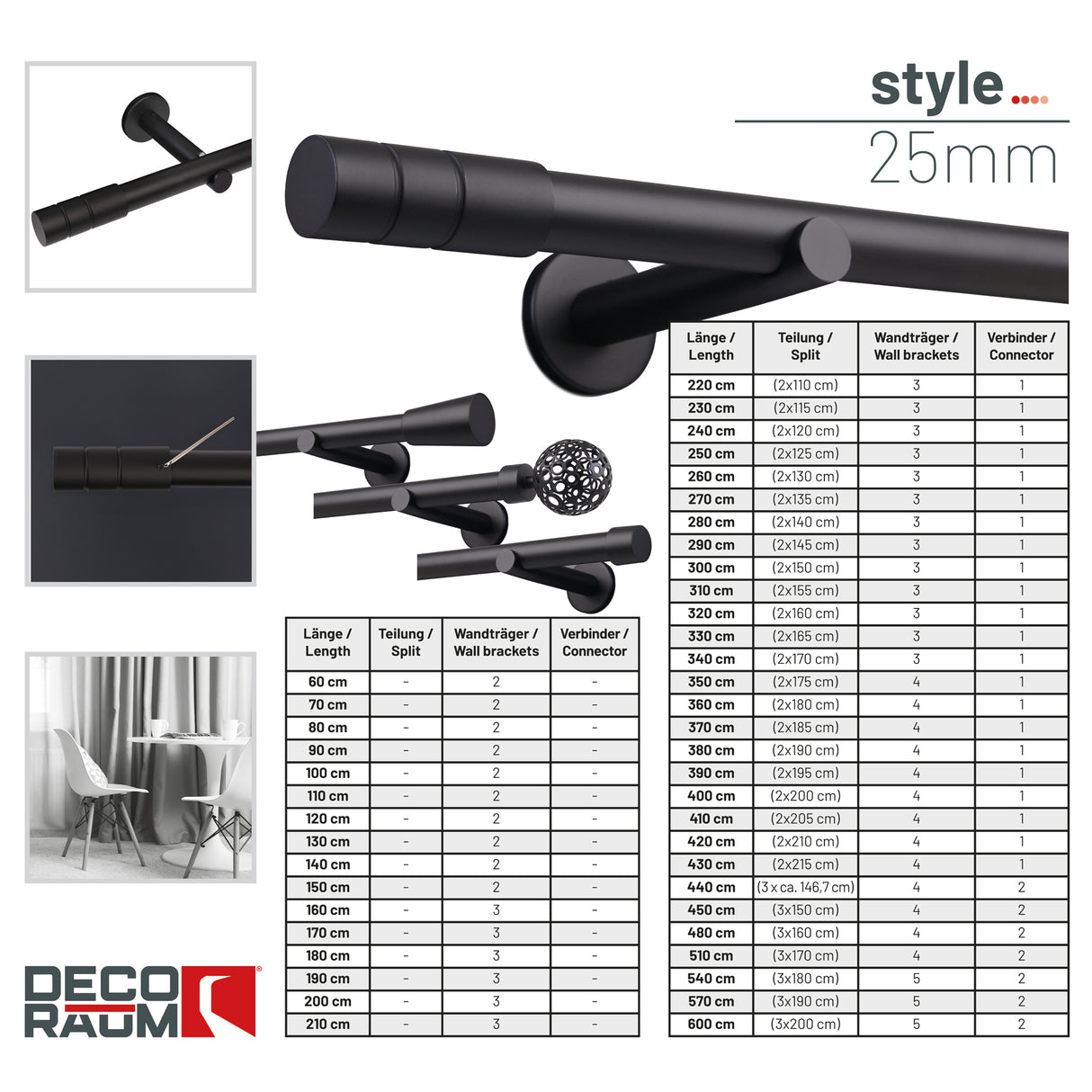 Embout style tringle à rideau noir mat cylindre 25mm