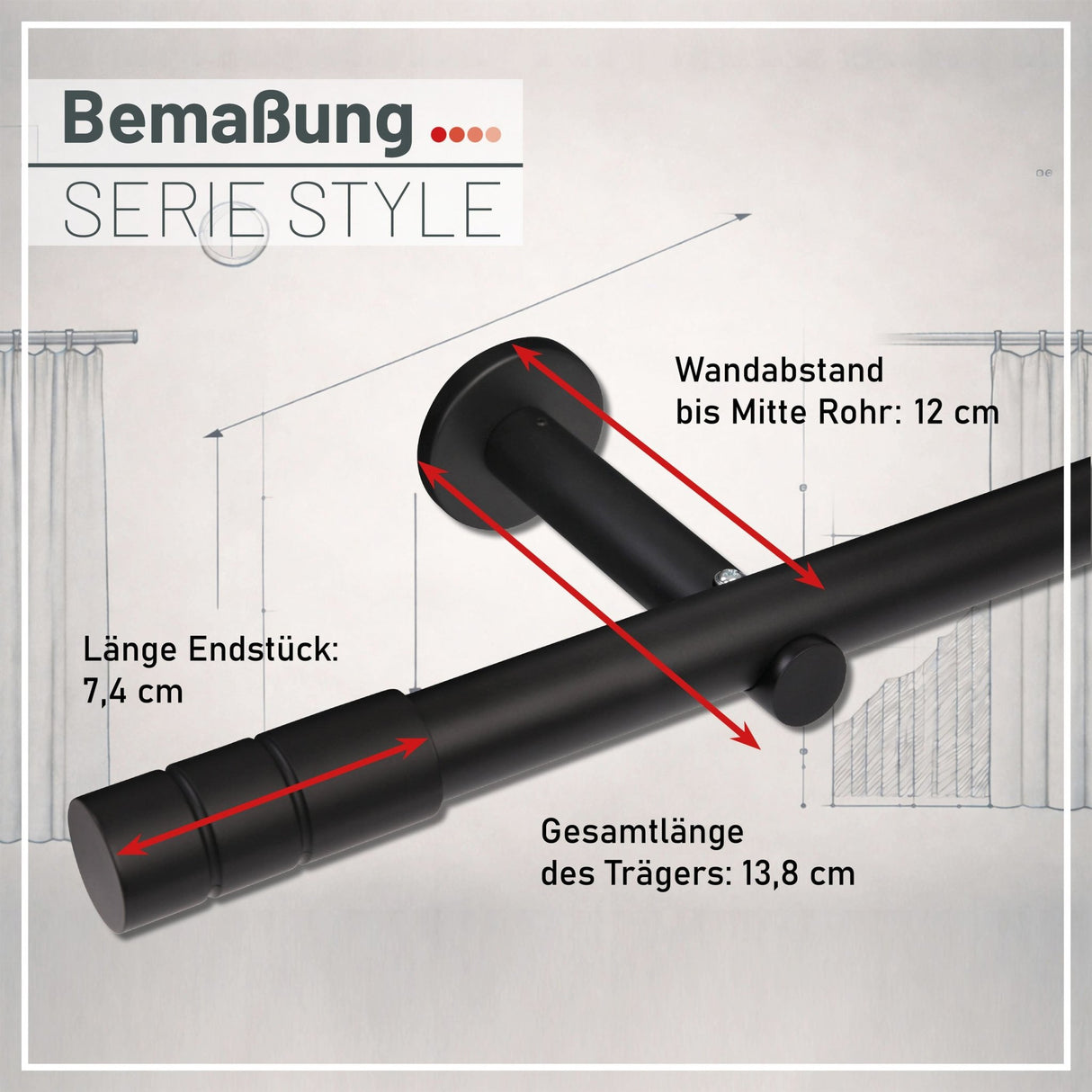 Gardinenstange auf Maß 25mm 1-läufig Schwarz-matt mit Zylinder - Serie Style