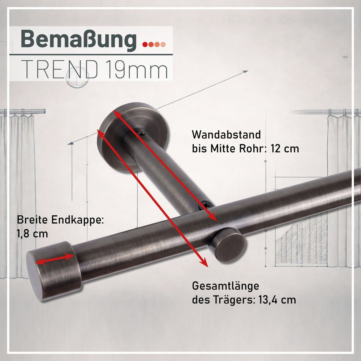 Gardinenstange auf Maß 19mm 1-läufig Titan mit Kappe - Serie Trend
