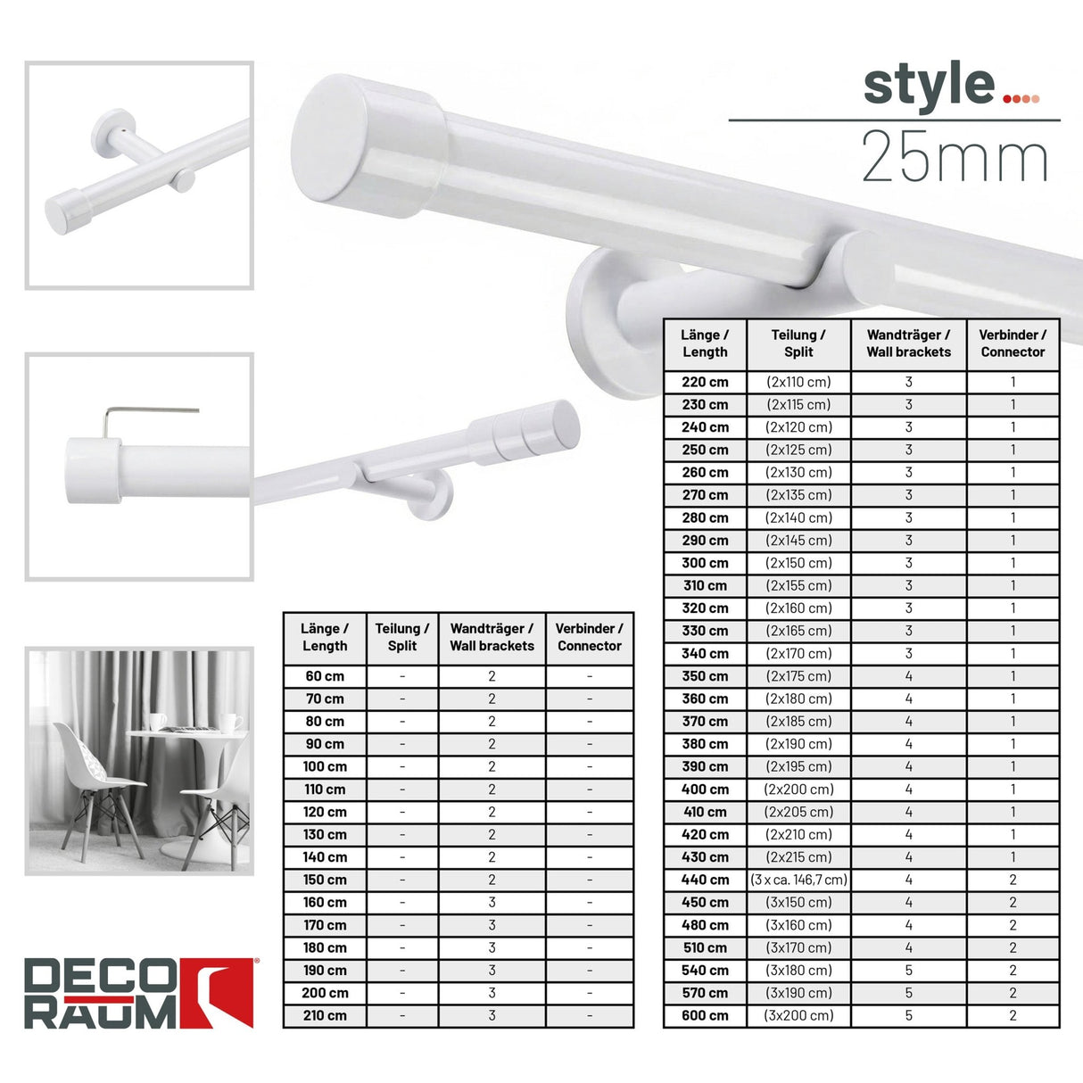 Custom-made curtain rod 25mm 1-track black matt with cap - Style series