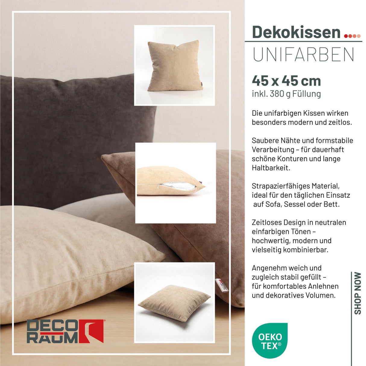 Dekokissen Uni Sand 45x45 cm mit Füllung | OEKO-TEX®