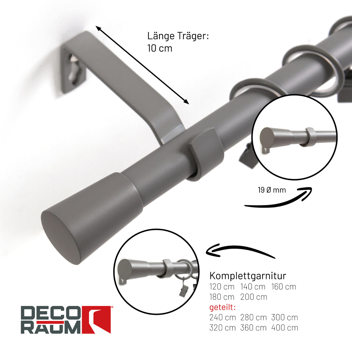 Gardinenstange 19mm 1-läufig Grau mit Kegel Komplett-Set- Serie Liya