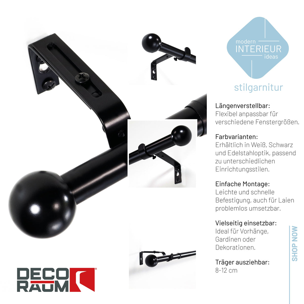 Gardinenstange Flexa Kugel Schwarz-matt – ausziehbar 16/19 mm – Deco-Raum®
