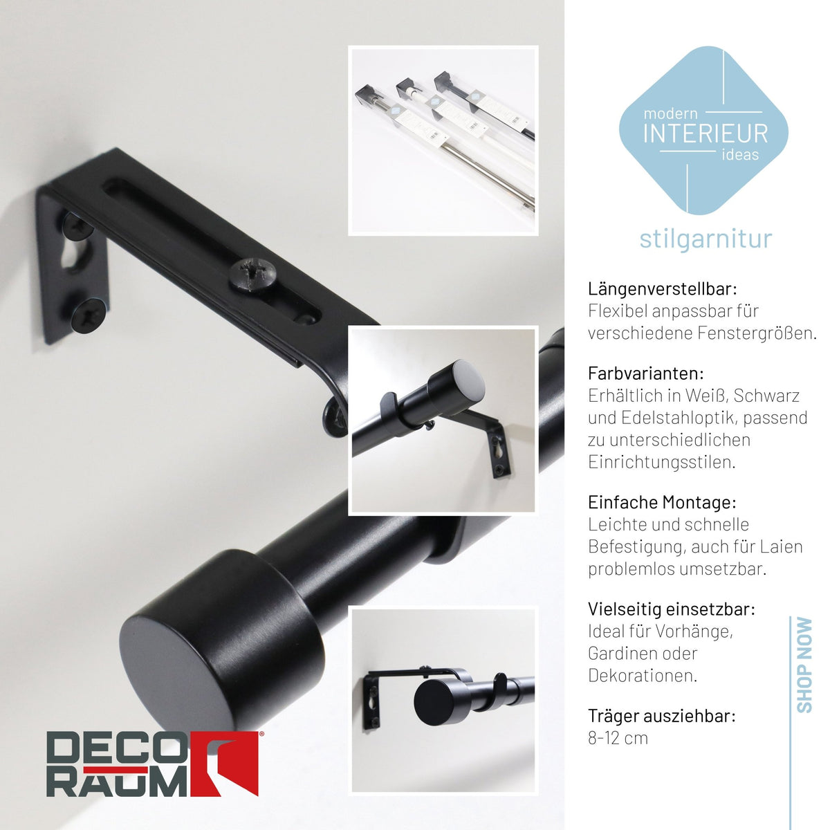 Gardinenstange Flexa Schwarz-matt – ausziehbar 16/19 mm – Deco-Raum®