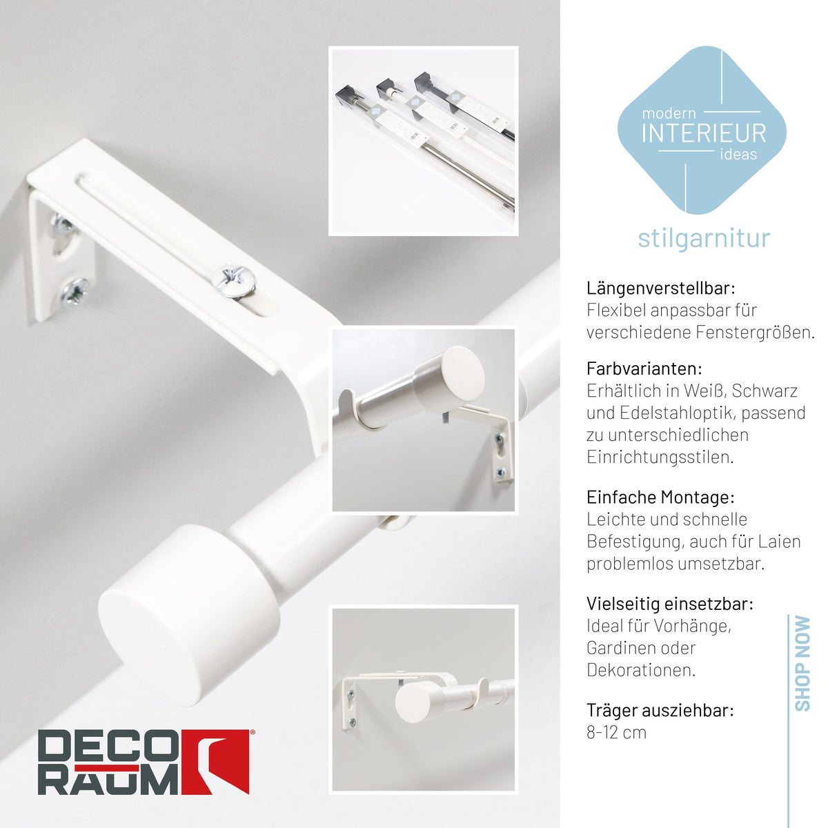 Gardinenstange ausziehbar Flexa Weiß-matt Kappe 19mm – Deco-Raum®