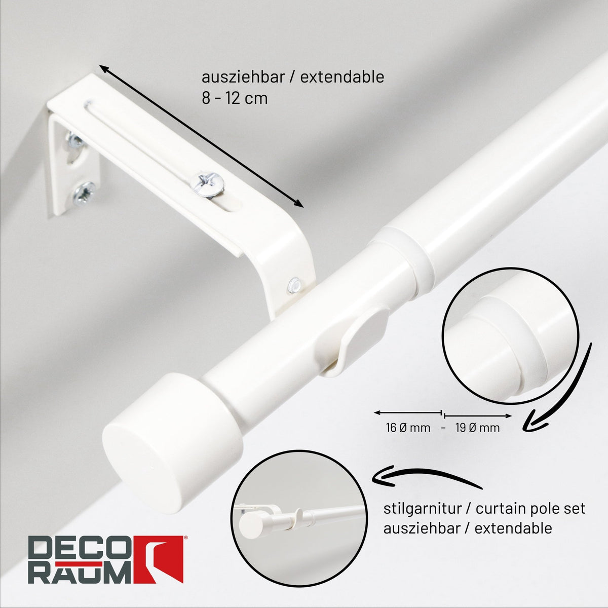 Gardinenstange ausziehbar Flexa Weiß-matt Kappe 19mm – Deco-Raum®