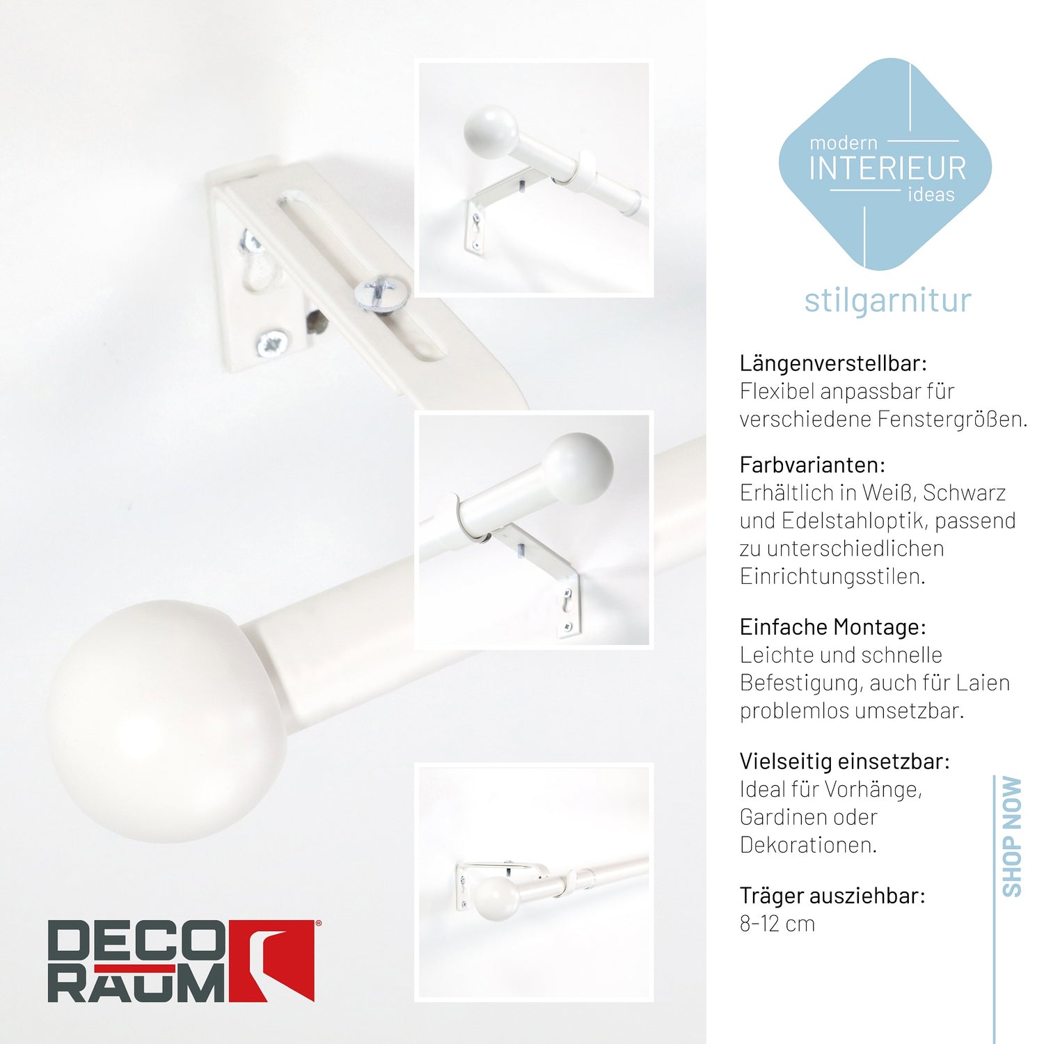 Gardinenstange ausziehbar Flexa Weiß Endstück Kugel 16/19mm