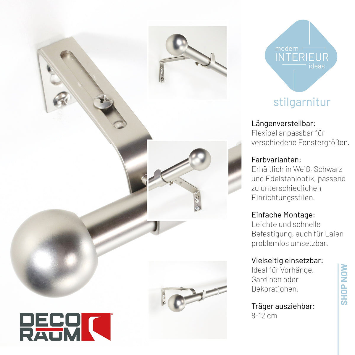 Gardinenstange ausziehbar Flexa Kugel Edelstahl-optik 19mm – Deco-Raum®