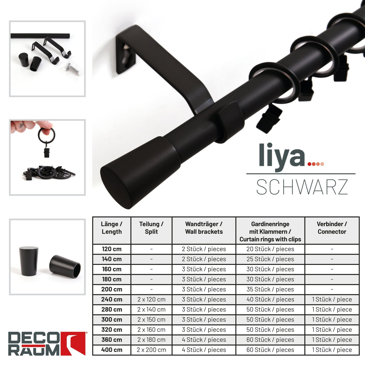 Curtain rod 19mm 1-track black with cone complete set - Liya series