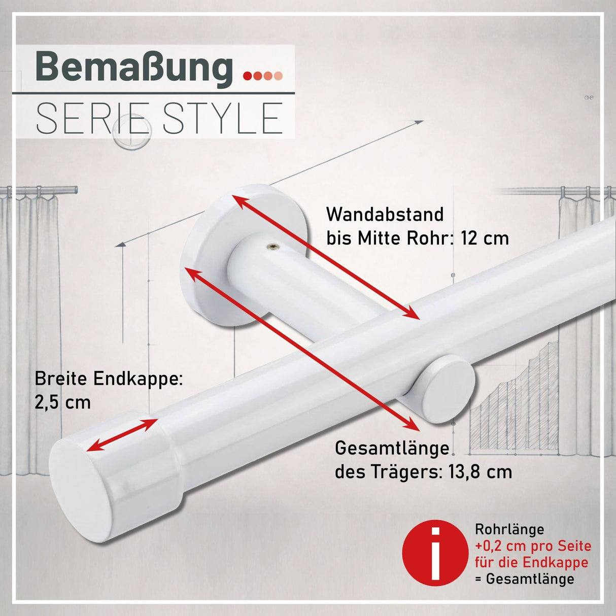 Custom-made curtain rod 25mm 1-track black matt with cap - Style series