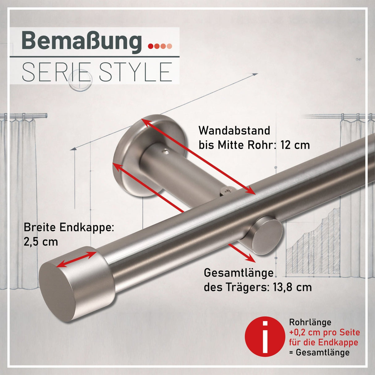 Curtain rod style in stainless steel look end piece cap 25mm