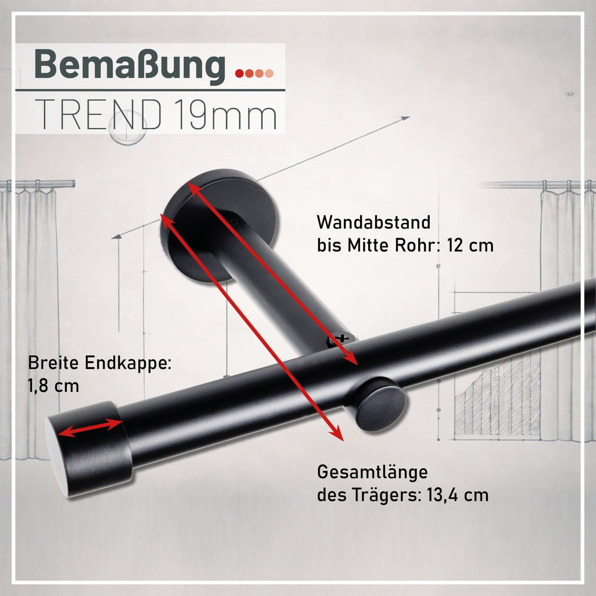 Gardinenstange auf Maß 19mm 1-läufig Schwarz-matt mit Kappe - Serie Trend