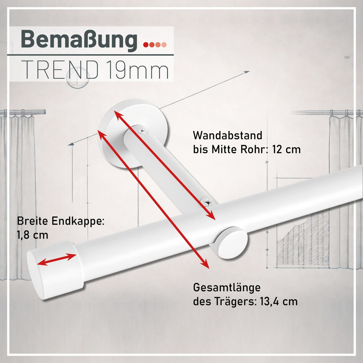 Gardinenstange auf Maß 19mm 1-läufig Weiß matt mit Kappe - Serie Trend
