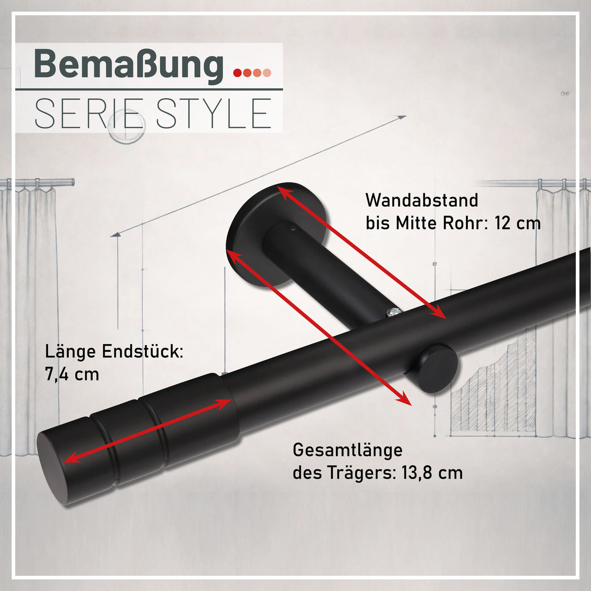 Gardinenstange auf Maß 25mm 1-läufig Schwarz-matt mit Zylinder - Serie Style