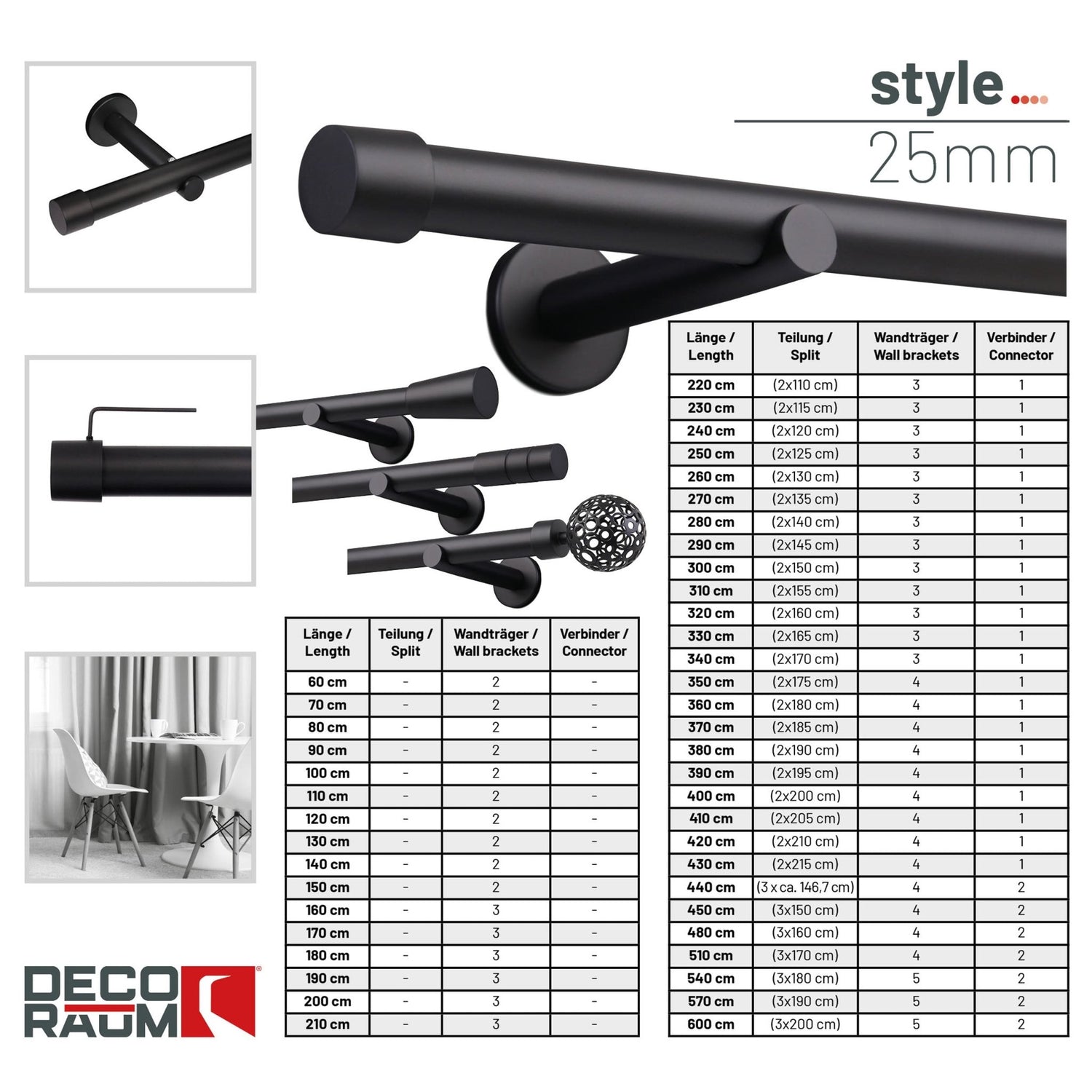 Custom-made curtain rod 25mm 1-track black matt with cap - Style series