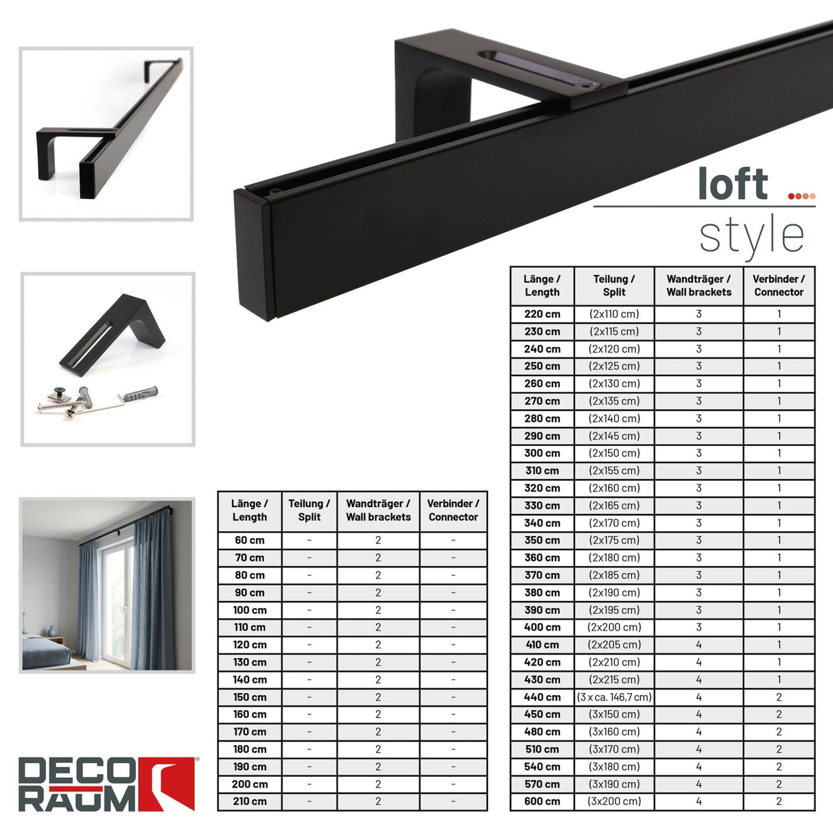Curtain rail inner track made to measure 1-track black - Loft series