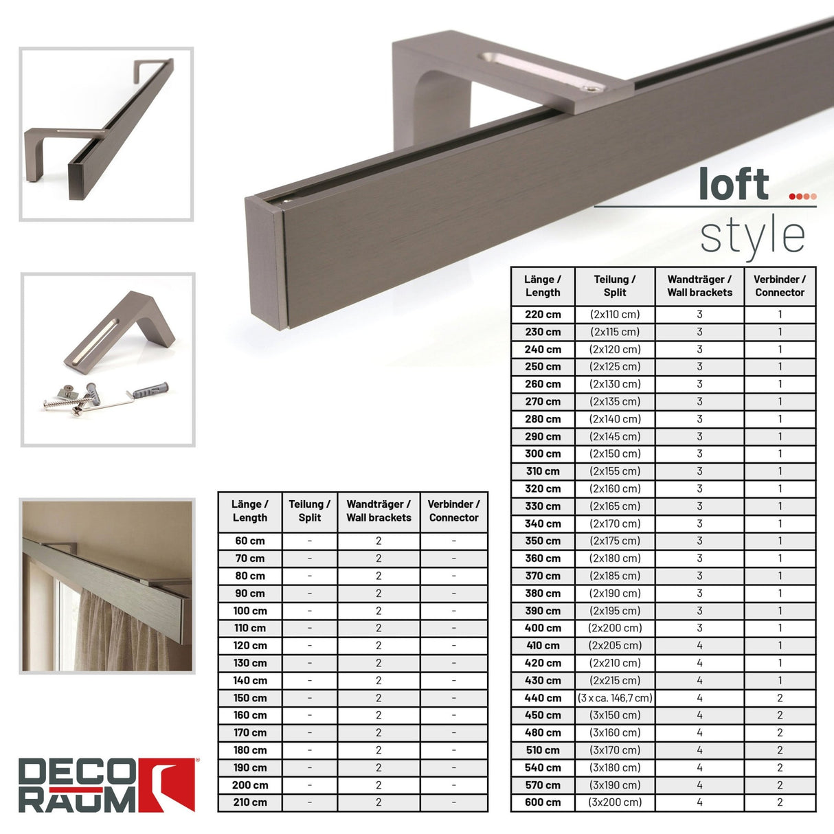 Curtain rail inner track made to measure 1-track stainless steel look - Series Loft