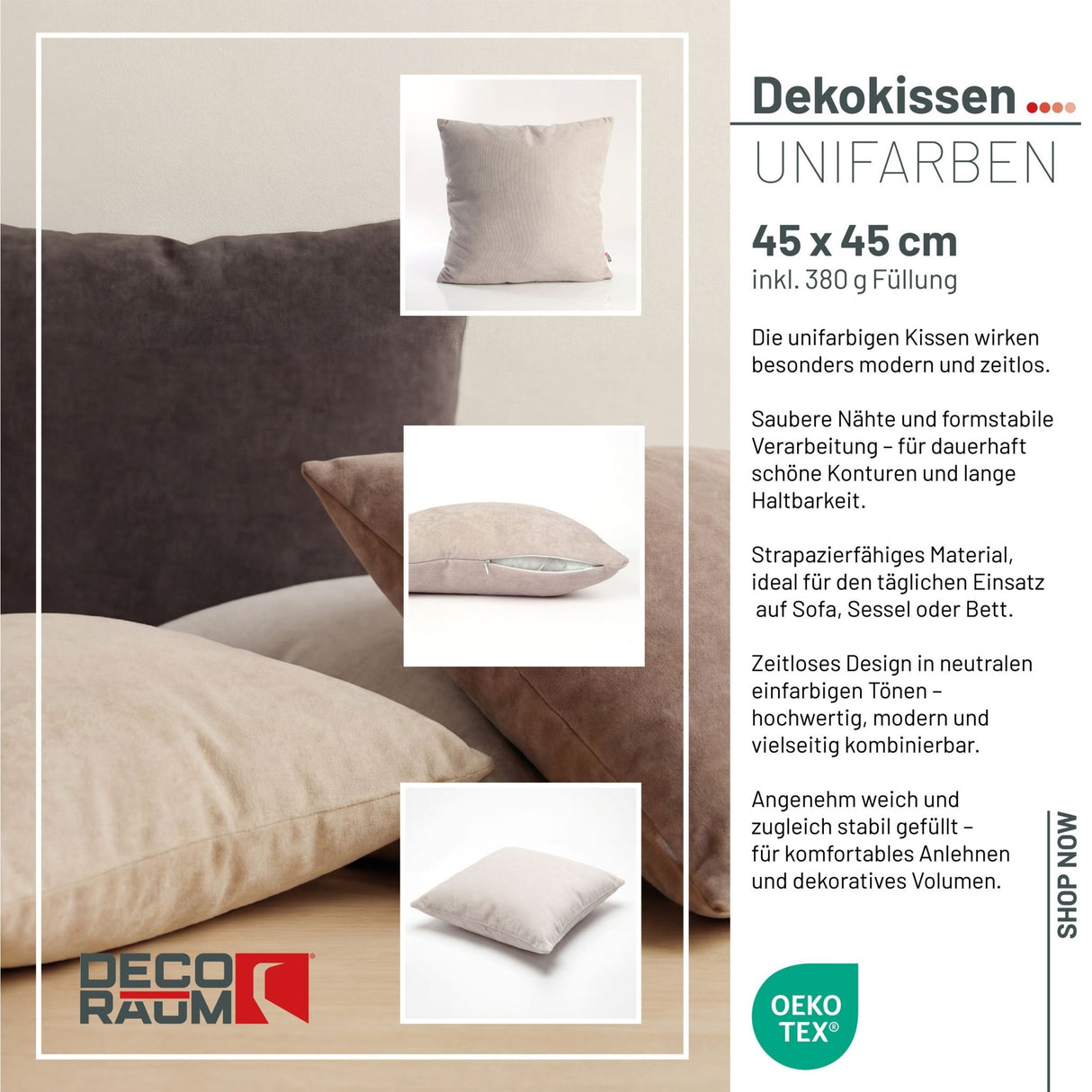 Dekokissen Uni Hellgrau 45x45 cm mit Füllung | OEKO-TEX®